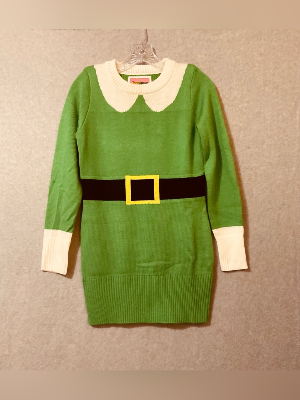 Tipsyelves Green Elf Sweater Dress with Cream Collar Holiday Costume Style Sz S